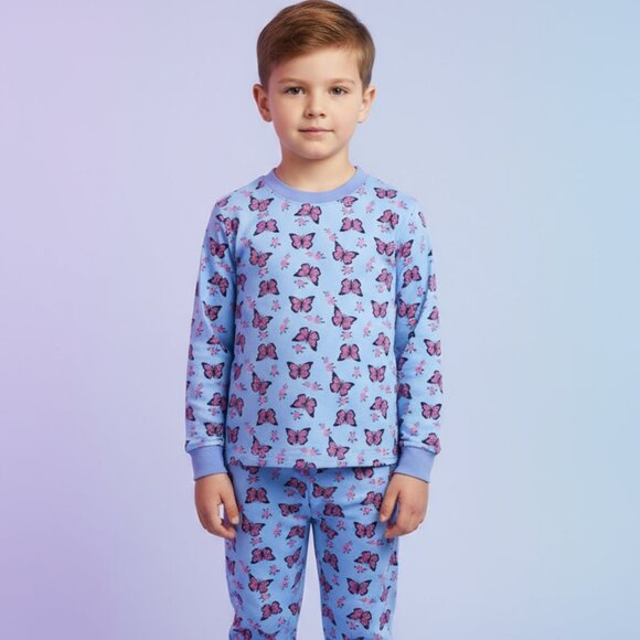 Blue Butterfly Kids Pajama Top – Back View with Cute Toys - Picture 1 of 5